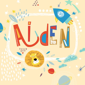Bright card with beautiful name Aiden in planets, lion and simple forms. Awesome male name design in bright colors. Tremendous vector background for fabulous designs