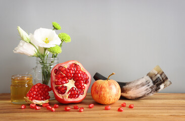 Rosh hashanah (jewish New Year holiday) concept. Traditional symbols