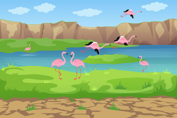 Flamingos flying away from pond vector illustration. Summer landscape with birds seeking new habitat after swamp drought. Flamingo migration, climate change, nature concept