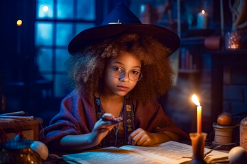 Little African American witch makes spell using magic book. Halloween concept