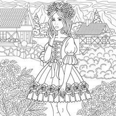Beautiful lady in vintage floral dress. Adult coloring book page with intricate antistress ornament