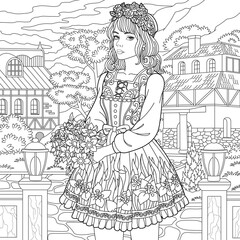 Lady in vintage dress holding floral bouquet. Adult coloring book page with intricate antistress ornament