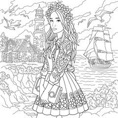 Beautiful floral lady near the sea. Adult coloring book page with intricate antistress ornament