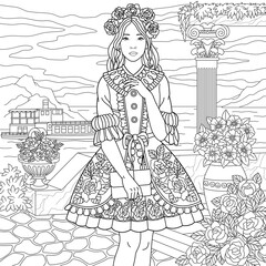 Beautiful lady in vintage dress near the sea. Adult coloring book page with intricate antistress ornament