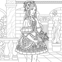Beautiful lady in vintage dress holding floral bouquet. Adult coloring book page with intricate antistress ornament