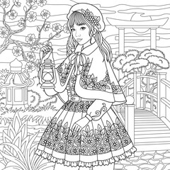 Beautiful lady in floral garden. Adult coloring book page with intricate antistress ornament