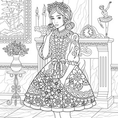 Beautiful lady in vintage dress. Adult coloring book page with intricate antistress ornament