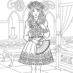 Beautiful lady in vintage dress holding paper fan. Adult coloring book page with intricate antistress ornament