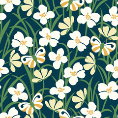 Vector seamless pattern with wildflowers and butterflies. - 627260585