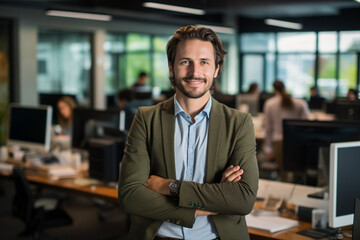 Confident young man in a modern office. AI generated