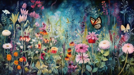 Fototapeta na wymiar Beautiful botanical flowers garden small butterfly flying wallpaper AI Generated art