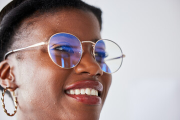 Happiness, glasses and black woman with positive face with vision in studio background with nerd in...