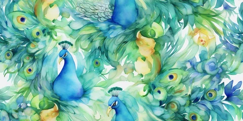 Papier peint photo Patrons Peacock watercolor painting seamles pattern, Generative AI  © AIExplosion