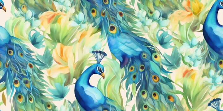 Peacock watercolor painting seamles pattern, Generative AI