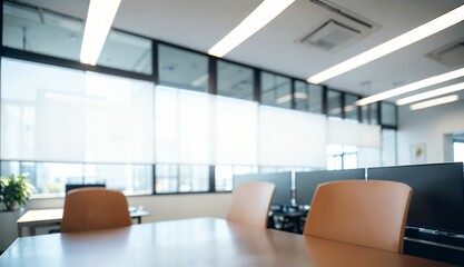 Blurred Background of a Light Modern Office with Panoramic Windows and Beautiful Lighting ai generated