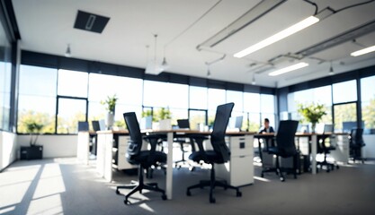 Naklejka na ściany i meble Blurred Background of a Light Modern Office with Panoramic Windows and Beautiful Lighting ai generated