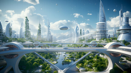 A world of the future with cutting-edge technological imagery featuring futuristic architecture, smart cities and sustainable innovation