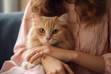 Cute cat and young woman. AI generated