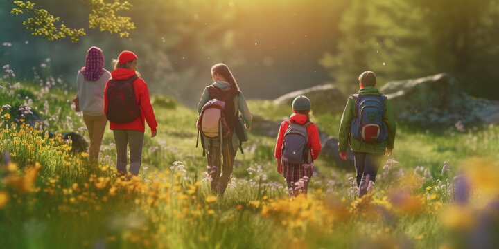 Family Adventure: Exploring Nature's Beauty through Hiking in Flower Fields and Forests - AI generated