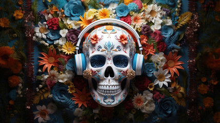 Plastischer weißer Totenkopf Schädel mit Kopfhörern und bunten Blumen im Hintergrund - Vintage Stil