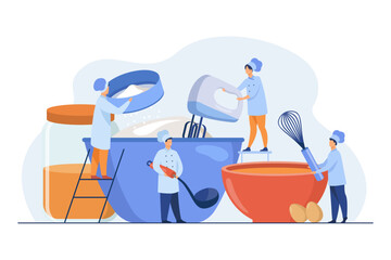 Tiny people baking dessert vector illustration. Bakers using mixer, whisk, sieve, tools and ingredients for cooking food. Culinary equipment, bakery, homemade food concept