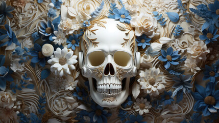 Plastischer weißer Totenkopf Schädel mit Kopfhörern und bunten Blumen im Hintergrund - Vintage Stil