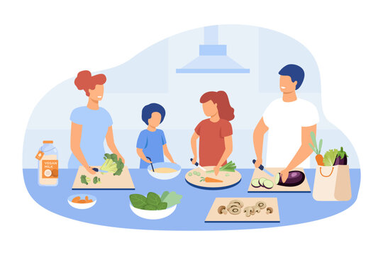Family cooking healthy dinner together vector illustration. Vegan parents and children chopping vegetables, carrots, eggplant, broccoli, mushrooms. Plant-based eating, food concept