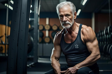 A old man with a beard stands in a gym with a large white beard.