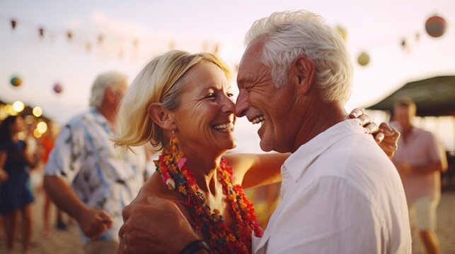 An older couple dancing on the beach at sunset. Health care, Family outdoor lifestyle. AI generated
