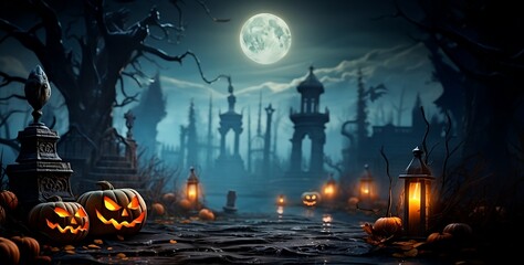 Halloween pumpkins Jack O’ Lanterns in spooky castle graveyard background, generative AI