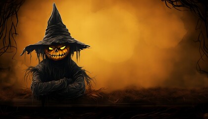 Happy Halloween with scarecrow pumpkin on orange background, copy space text, generative AI