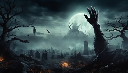 Halloween concept with zombie hands rising in graveyard background, generative AI