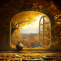 Autumn window frame with tree and orange leaves, 3d illustration, generative AI
