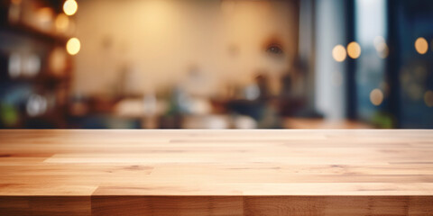 brown wooden table top blurred defocused modern kitchen interior background,Beautiful empty, with daylight flare,sink, shelf, product montage display,banner - obrazy, fototapety, plakaty