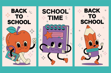Hand drawn trendy traditional cartoon back to school stories banners apple pencil notebook mascots
