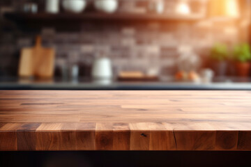 brown wooden table top kitchen interior background in  and blurred defocused with daylight flare bokeh, product montage display, generative ai