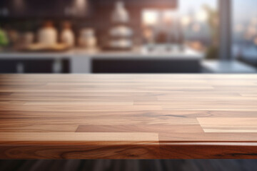 brown wooden table top kitchen interior background in  and blurred defocused with daylight flare bokeh, product montage display, generative ai