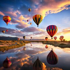 Fototapeta premium hot air balloon in the sky on sunset. vibrant colors. Generative ai