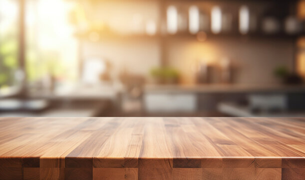 brown wooden table top kitchen interior background in  and blurred defocused with daylight flare bokeh, product montage display