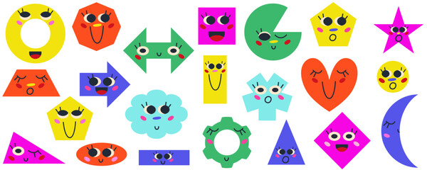 Figure character shape set for math education. Cute smile character geometric for child learn. Figure math with emoji face for kindergarten game. Vector cartoon illustration design.