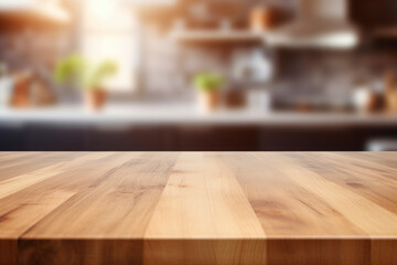Fototapeta na wymiar brown wooden table top kitchen interior background in and blurred defocused with daylight flare bokeh, product montage display, generative ai