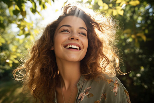 portrait of a woman with sunlight flare and nature , Their smiling faces reflect the joy of blissful scene