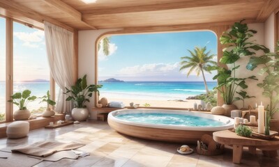 Fototapeta premium Spa With Beach View Blue Cloud Sky