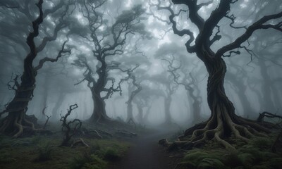 Smoky Forest With Twisted tree