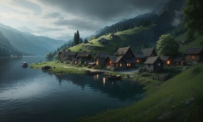 Small Village Nestled At The Edge Of A Dark River