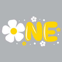 Baby girl one flower party invitation card, First Birthday party in daisy style celebration. Cartoon vector greeting card, flyer, t-shirt. Kids illustration with flowers