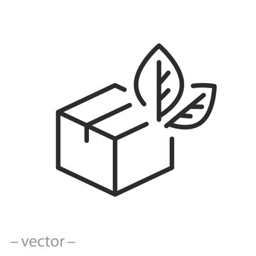 eco packaging icon, box with leafs, ecologicaly clean products, thin line symbol - editable stroke vector illustration
