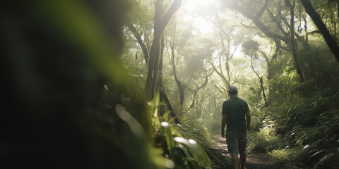 Obraz premium Solo Nature Adventure: Person Taking a Serene Walk in Dense Forest - AI generated