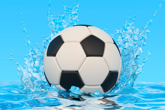 Soccer ball with water splashes, 3D rendering