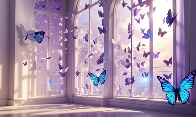 White Wall With A Large Window And Butterfly Around